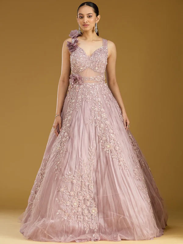 Shenovas Onion Pink Floral Embroidered Designer Lehenga Gown – Luxury Reception & Engagement Wear