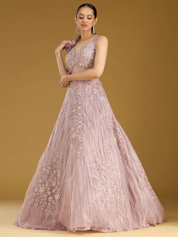 Shenovas Onion Pink Floral Embroidered Designer Lehenga Gown – Luxury Reception & Engagement Wear