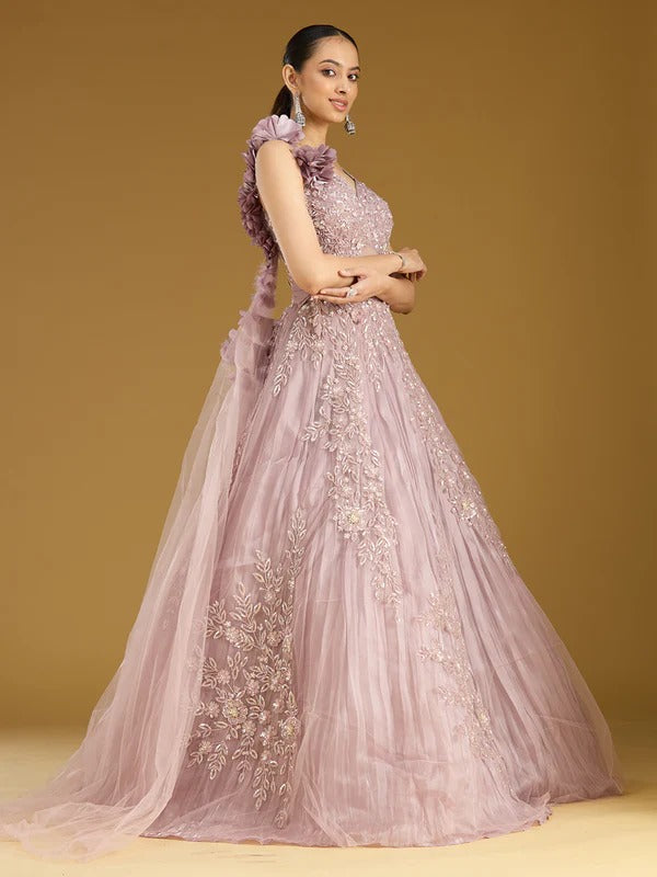 Shenovas Onion Pink Floral Embroidered Designer Lehenga Gown – Luxury Reception & Engagement Wear