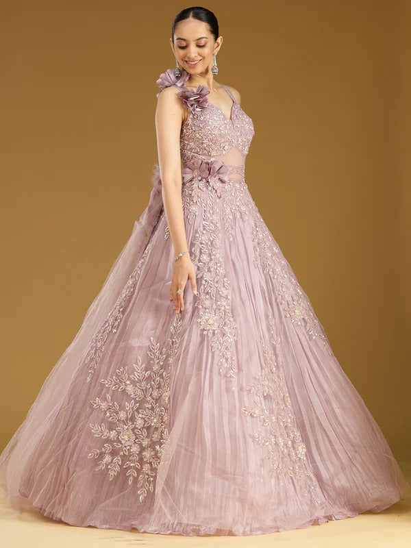 Shenovas Onion Pink Floral Embroidered Designer Lehenga Gown – Luxury Reception & Engagement Wear