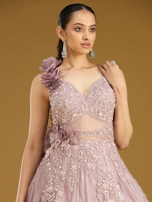 Shenovas Onion Pink Floral Embroidered Designer Lehenga Gown – Luxury Reception & Engagement Wear
